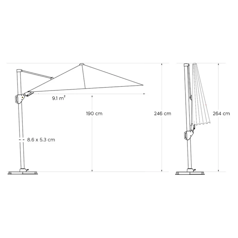 Platinum Challenger zweefparasol T2 premium 2.60x3.50 Antraciet frame Manhattan licht grijs doek